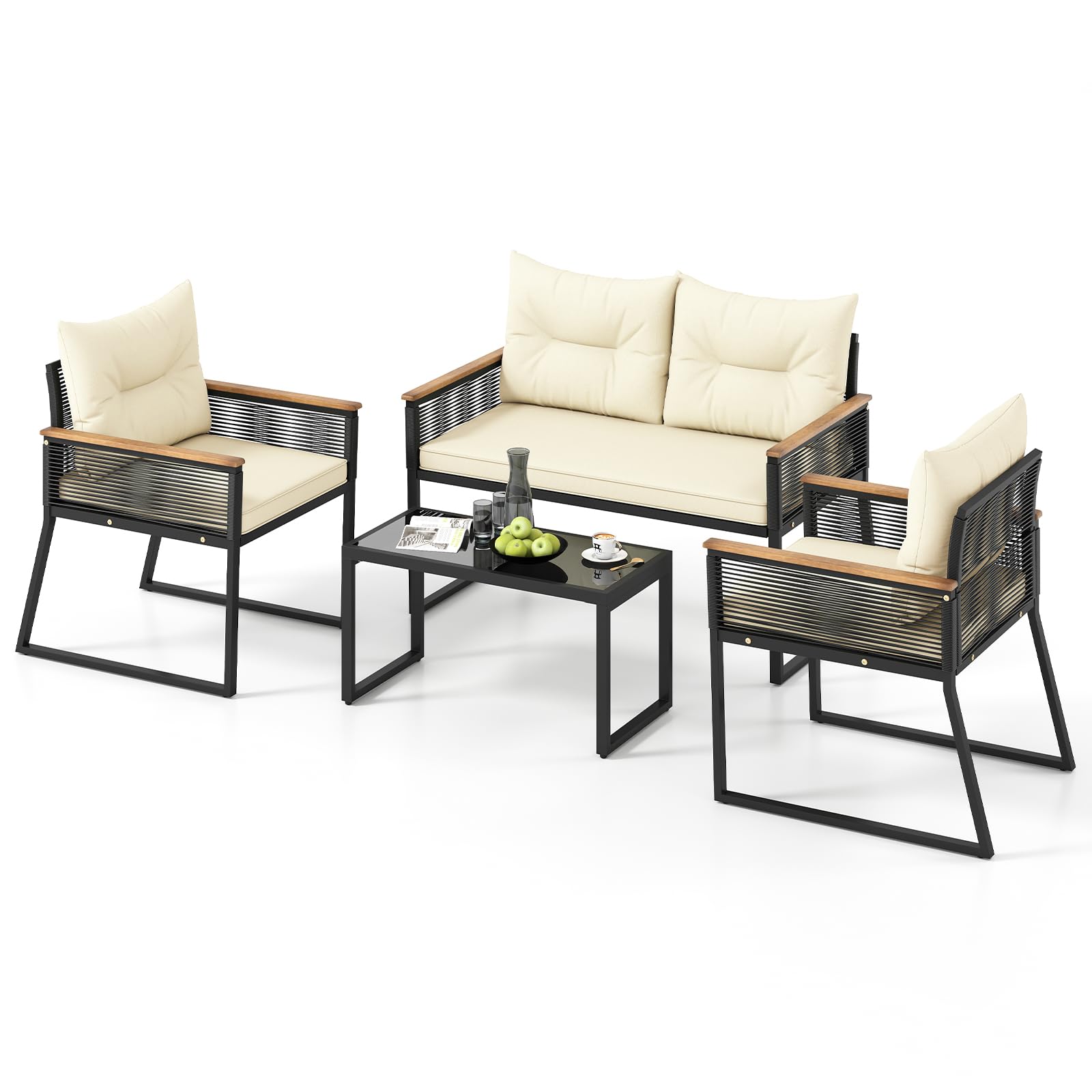 Ensemble de mobilier de patio en osier Tangkula, ensemble de conversation rembourré d'extérieur robuste